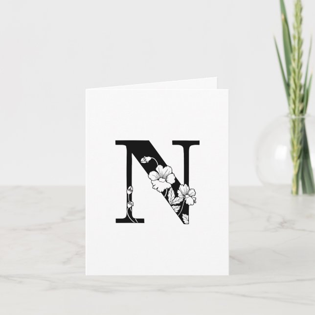 Blommig N-monogram på vit notkortsedel Anteckningskort (Framsida)