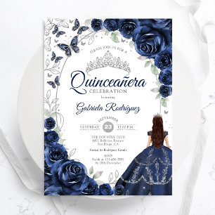 Blommig Navy Silver Quinceanera Inbjudningar