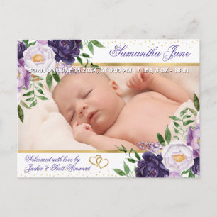 Blommig Nyfödd Baby Foto Födelsekungörelse Meddelande Vykort