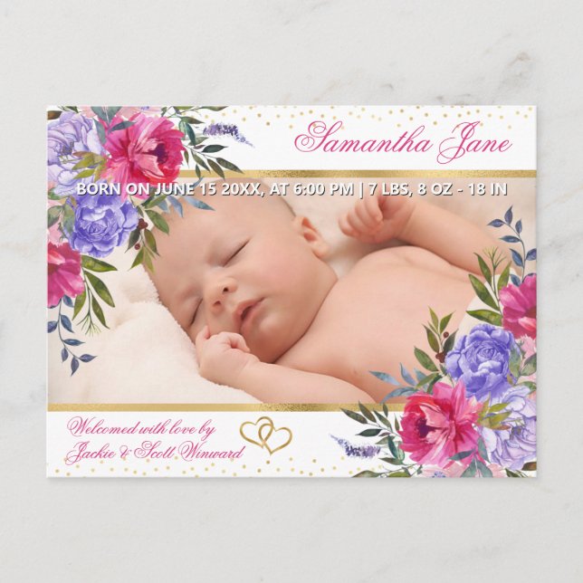 Blommig Nyfödd Baby Foto Födelsekungörelse Meddelande Vykort (Framsida)