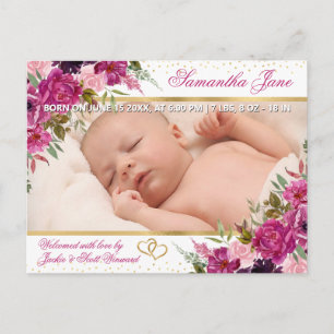 Blommig Nyfödd Baby Foto Födelsekungörelse Meddelande Vykort