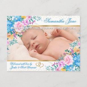 Blommig Nyfödd Baby Foto Födelsekungörelse Meddelande Vykort