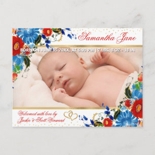 Blommig Nyfödd Baby Foto Födelsekungörelse Meddelande Vykort