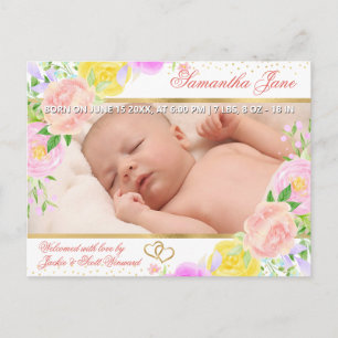 Blommig Nyfödd Baby Foto Födelsekungörelse Meddelande Vykort