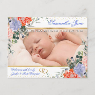 Blommig Nyfödd Baby Foto Födelsekungörelse Meddelande Vykort