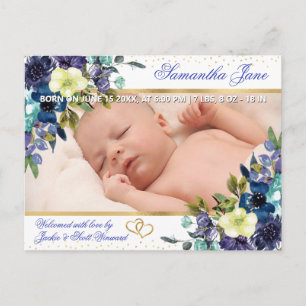 Blommig nyfödd baby fotobarns födelse kungörelse meddelande vykort