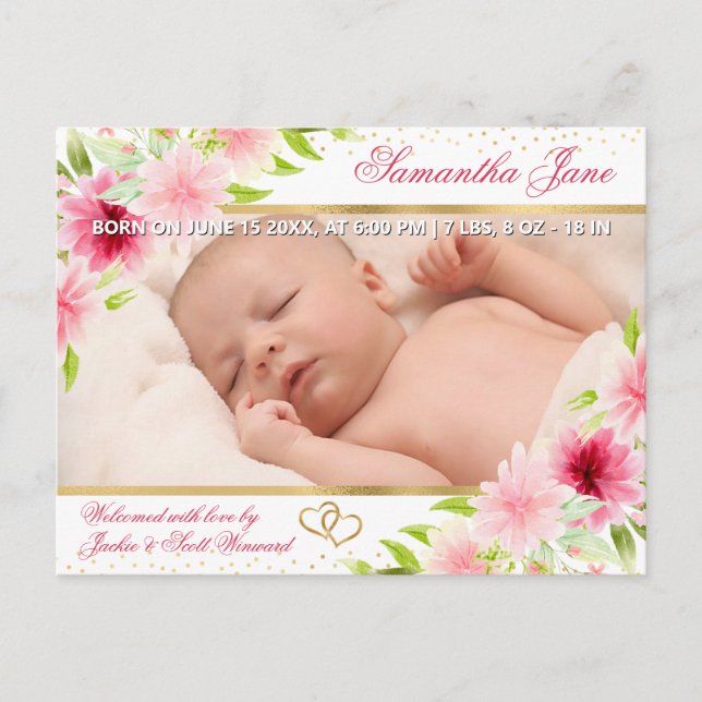 Blommig nyfödd baby fotobarns födelse kungörelse meddelande vykort (Framsida)
