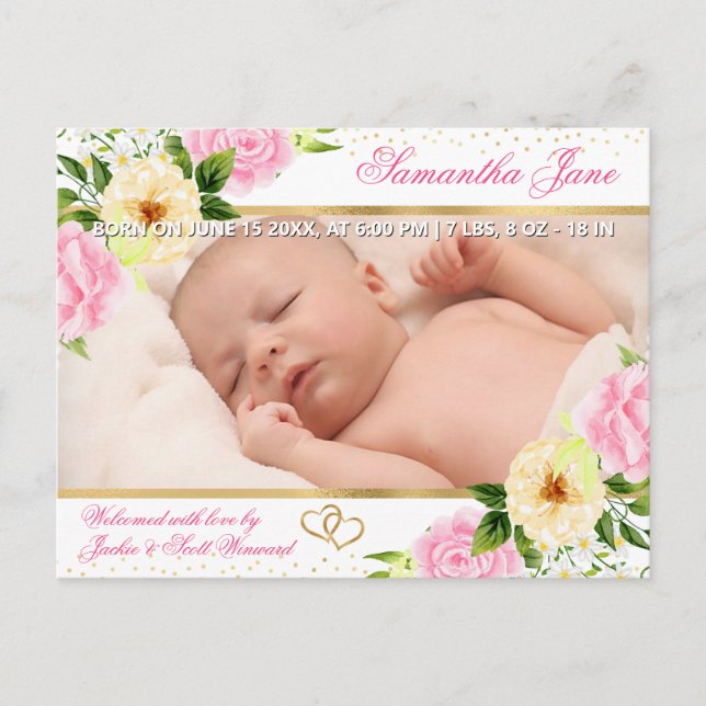 Blommig nyfödd baby fotobarns födelseannonsering meddelande vykort (Framsida)