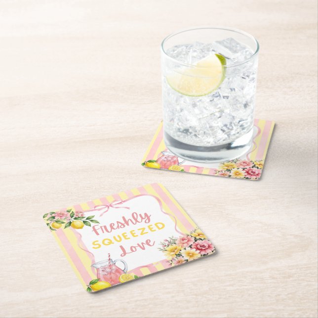Blommig nysqueezead rosa citron bröllopsdusch underlägg papper kvadrat (Insitu)