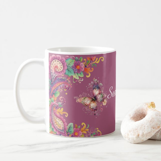 Blommig och fjäril Paisley Kaffemugg (Med munk)
