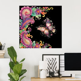 Blommig och fjäril Paisley Poster