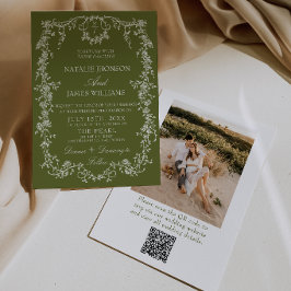 Blommig Olivgrön Trädgård Foto QR-kod Bröllop Inbjudningar