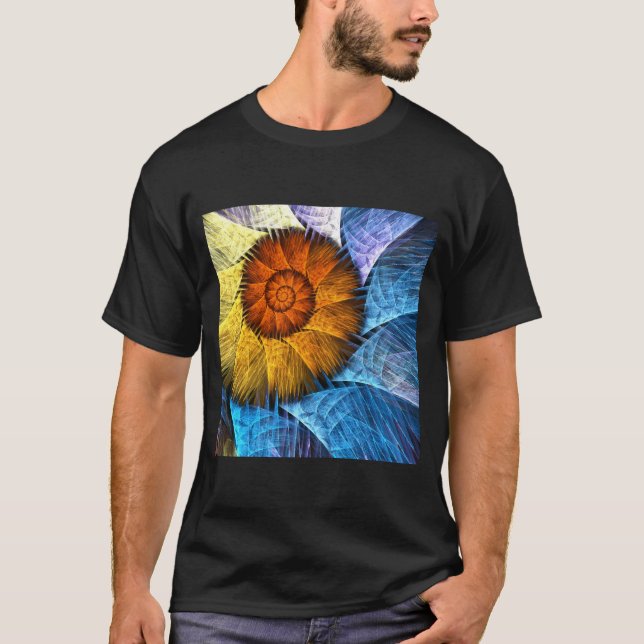 Blommig Orange Gul Blå Abstrakt Konst T Shirt (Framsida)