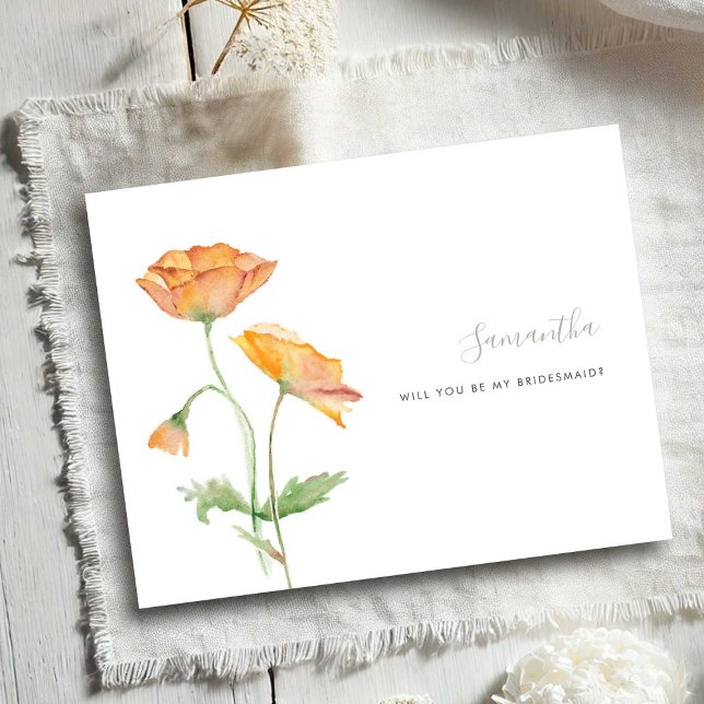 Blommig Orange Vallmo Watercolor Brudtjänstkort (Bridesmaid proposal cards watercolor orange poppy flowers by Victoria Grigaliunas)
