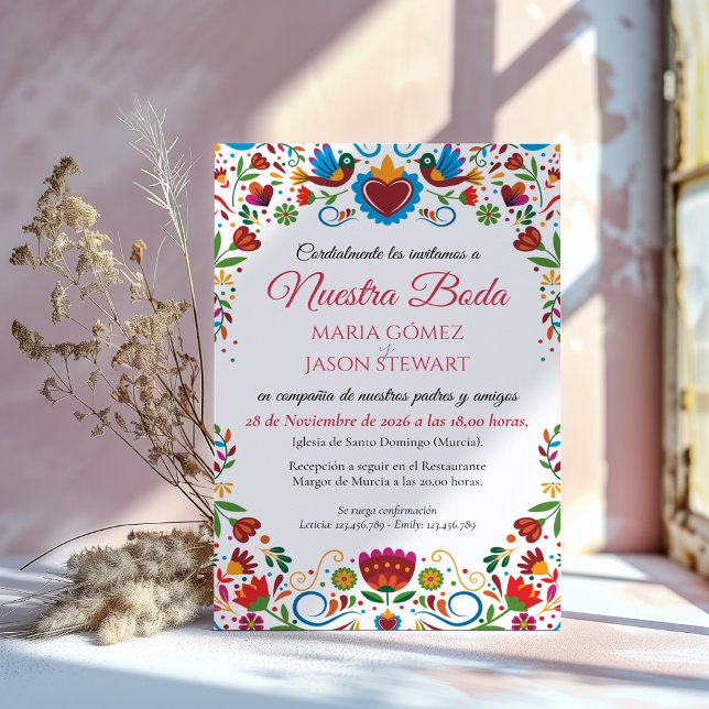 Blommig Otomi Färgglad Fiesta Spansk Bröllopsinbju Inbjudningar (Floral Otomi Colorful Fiesta Spanish Wedding Invitation)