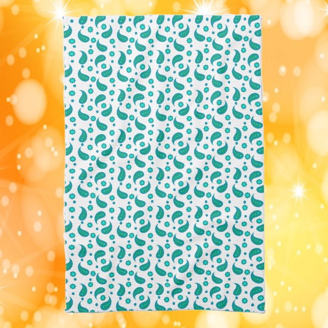 Blommig Paisley Boho Mönster Blå Grön Kökshandduk (A kitchen towel with a boho floral paisely pattern in blue and green.)
