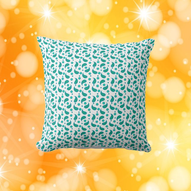 Blommig Paisley Prickmönster Grön Blå Kudde (A pillow with a pattern of paisley, flowers and polka dots in green and blue)