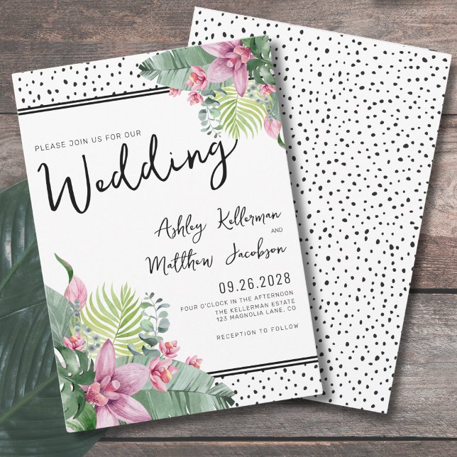 Blommig Palm Tropisk Bröllop Inbjudningar (Pink Green Floral Palm Watercolor Tropical Wedding Invitation)