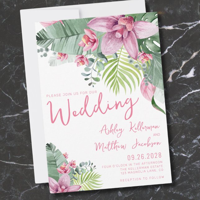 Blommig Palm Tropisk Bröllop Inbjudningar (Pink Green Floral Palm Leaves Tropical Wedding Invitation)