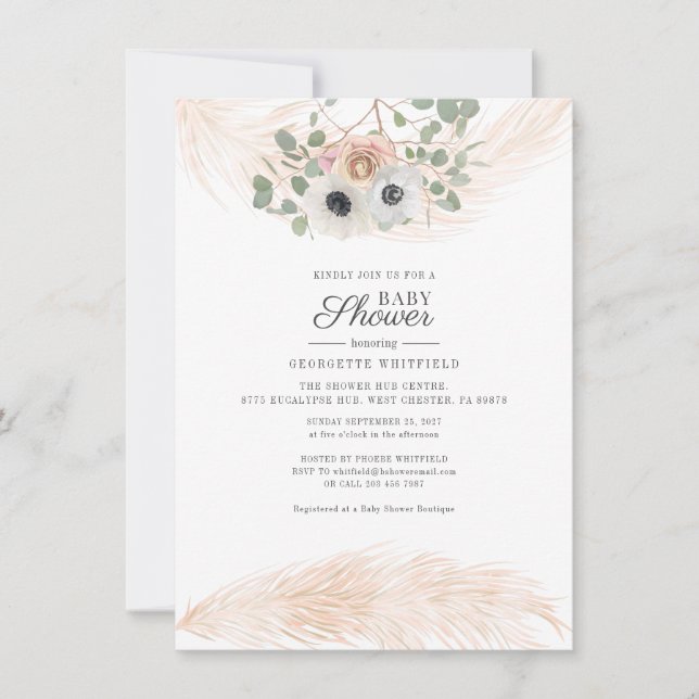 Blommig Pampasgräs Boho Flickig Bebis Shower Inbjudningar (Framsida)