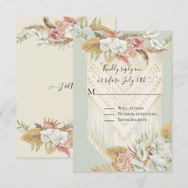 Blommig Pampasgräs Rosa Ros Mint Grönska RSVP OSA Kort (Fram/baksida)