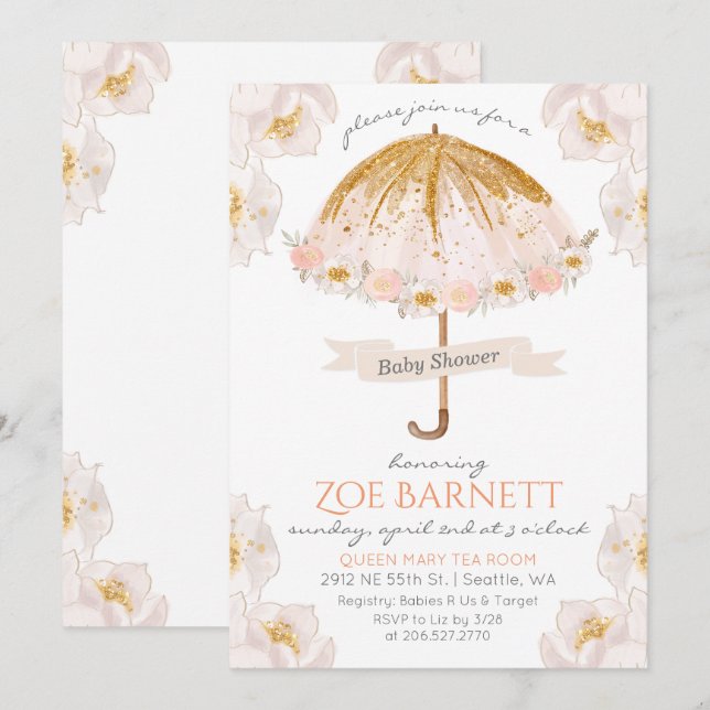 Blommig paraply glitter baby shower inbjudan (Fram/baksida)