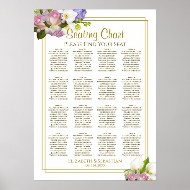 Blommig Pastell 16 Bord Bröllopsplatskarta Poster (Framsidan)
