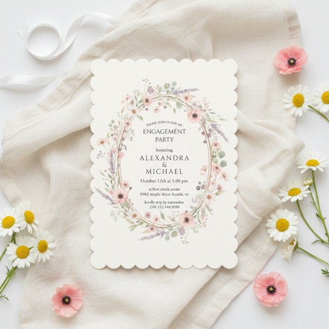 Blommig Pastell Förlovningsfest Inbjudan (Timeless botanical floral engagement party aesthetic in soft pastel tones)