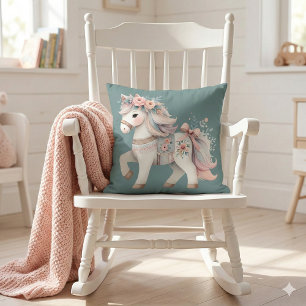 Blommig Pastell Häst Fantasy Illustration Kudde
