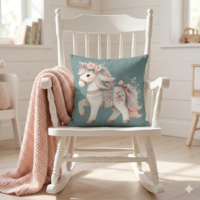 Blommig Pastell Häst Fantasy Illustration Kudde (Floral Pastel Horse Fantasy Illustration Throw Pillow Mockup A)