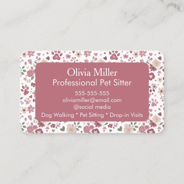 Blommig & Paw Print Professionell Husdjur Sittare  Visitkort (Framsida)