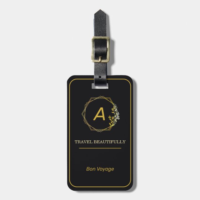 Blommig Personlig Monogram, Svart Guld Bagagebricka (Vertikal Framsida)