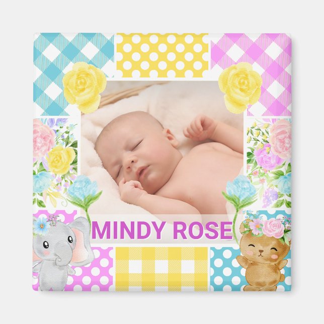 Blommig & Plaid Fotaram Nyfödd Baby Magnet (Framsidan)