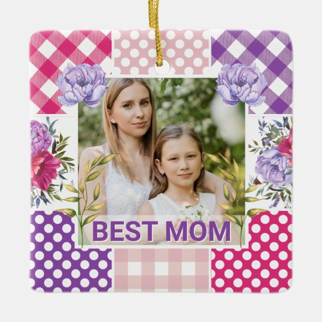 Blommig & Plaid Fotolampa Mors Dag Julgransprydnad Keramik (Framsida)