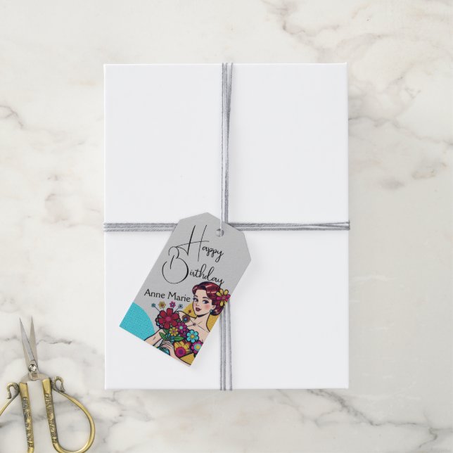 Blommig Popkonst Söt Tjej Glad Födelsedag  Presentetikett (Med Snöre)