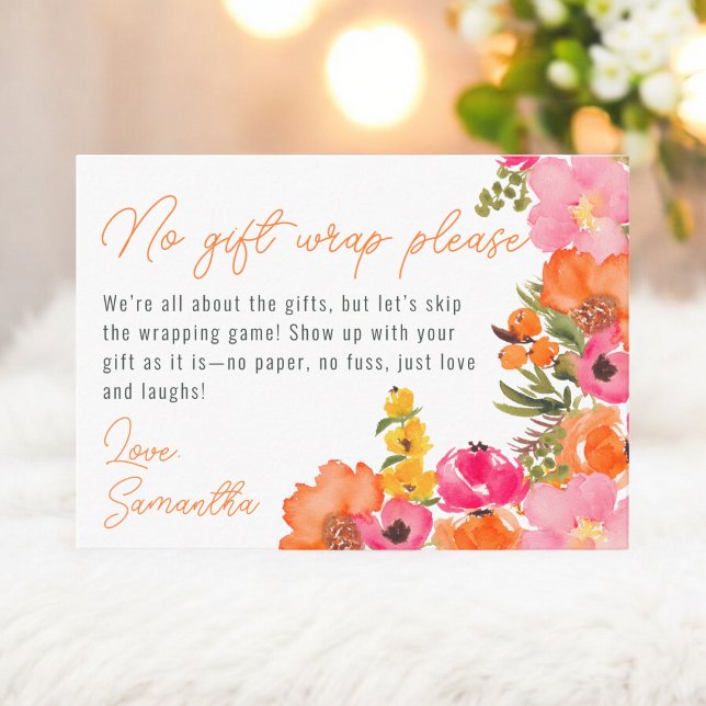 Blommig presentförpackning nej Blommig bröllopsdis Tilläggskort (Floral No Gift Wrap Floral Bridal display Shower Enclosure Card)