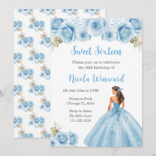 Blommig prinsessa i blå klänning Sweet Sixteen Inbjudningar