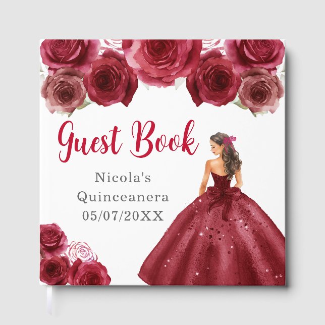 Blommig prinsessa i röda klänningar Quinceanera Gästböcker (Framsida)