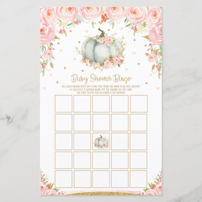 Blommig pumpa baby shower bingo spel aktivitet (Framsida)
