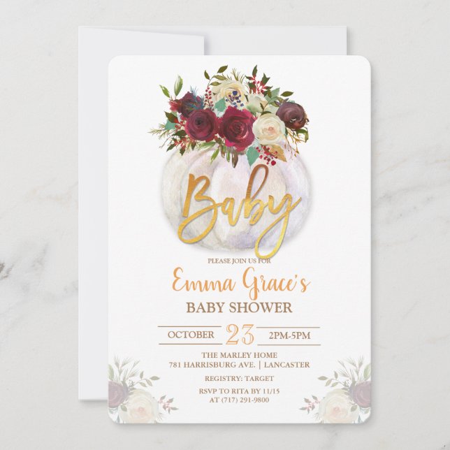 Blommig pumpa baby shower inbjudan (Framsida)