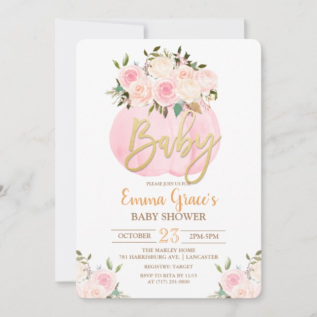 Blommig pumpa baby shower inbjudan (Framsida)