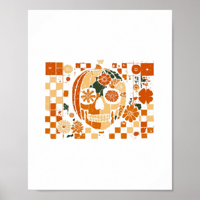 Blommig Pumpa Skalle Rutig Höst Halloween Än Poster (Framsidan)