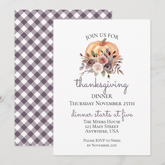 Blommig pumpa Thanksgiving middagsinbjudan Inbjudningar (Fram/baksida)
