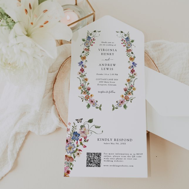 Blommig QR-kod Bröllopsinbjudan Allt-i-ett (Colorful Floral QR Code Wedding All In One Invite by Painted Paperie
)