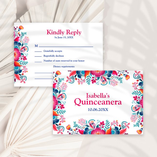 Blommig Quinceanera Fest Mexikansk Svarskort Tack Kort (Floral Quinceanera Fiesta Mexicana RSVP Card on a white sunny dry palm leaf.)