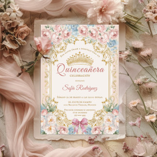 Blommig quinceañera-inbjudan med elegant krona meddelande