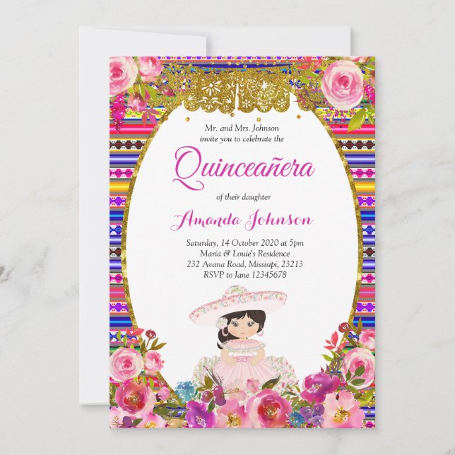 Blommig Quinceañera-inbjudan Spansk inbjudan (Framsida)