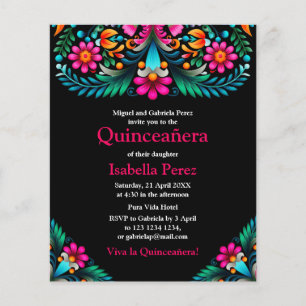 Blommig Quinceanera Svart Mexikansk Fest Födelseda Flygblad