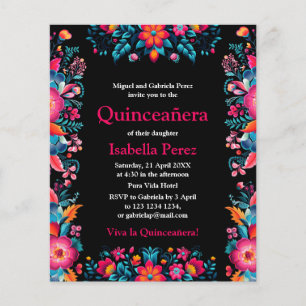 Blommig Quinceanera Svart Mexikansk Födelsedagsfes Flygblad