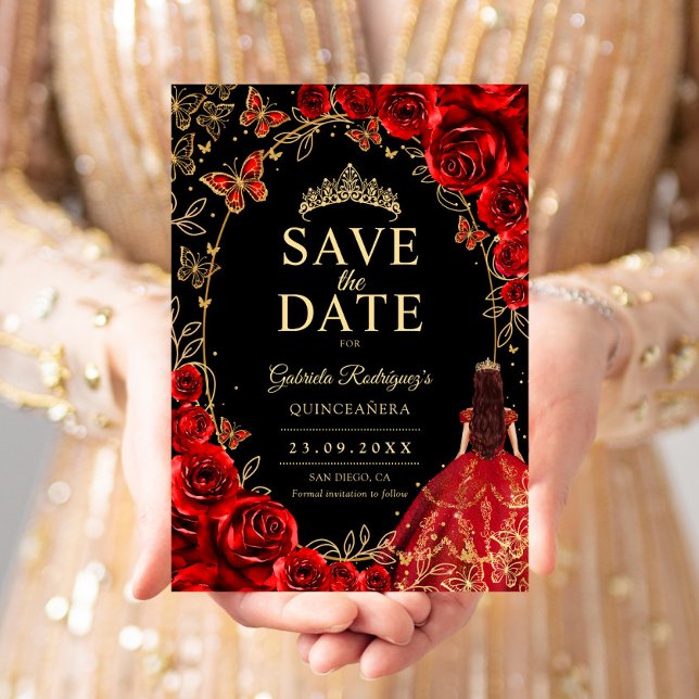 Blommig Quinceanera Svart Röd Guld Spara Datumet (Skapare uppladdad)